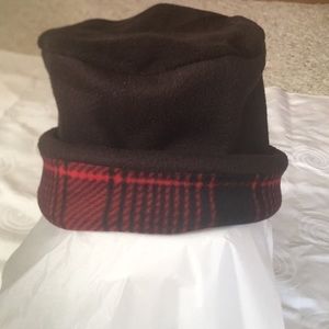 Red Plaid/Black Fleece Brim Hat - Handmade